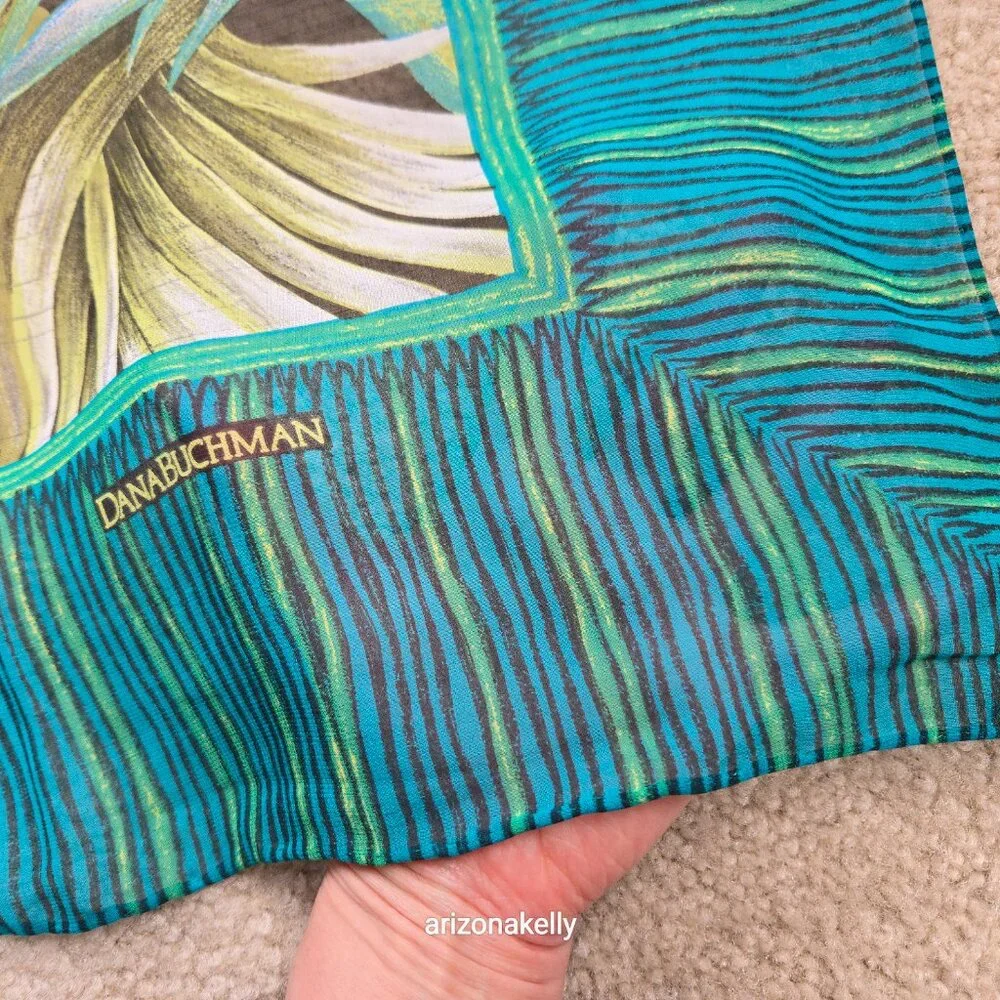 NWT Silk Scarf Hand Rolled Crepe Tropical Leaves Green Dana Buchman